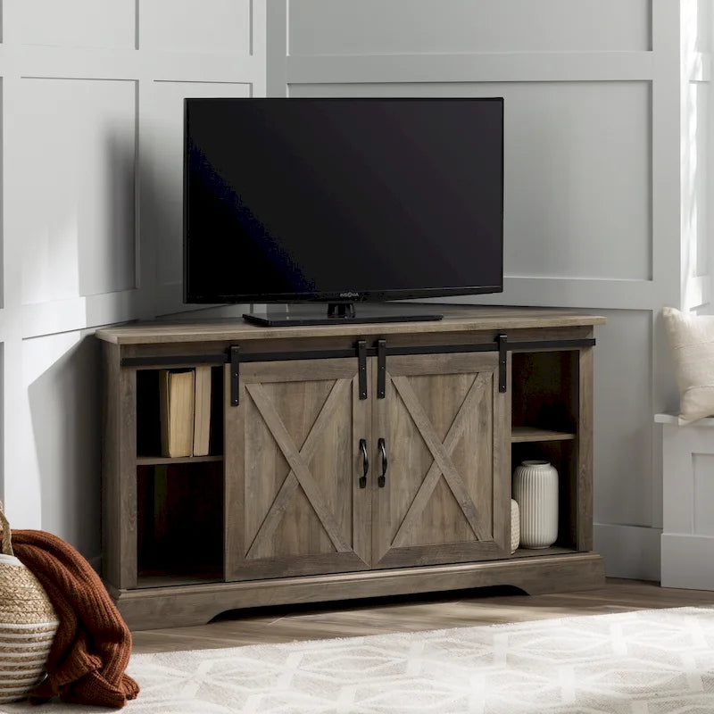 Mueble esquinero para TV con puerta corrediza estilo granero de 52 pulgadas - estilo rústico de granja