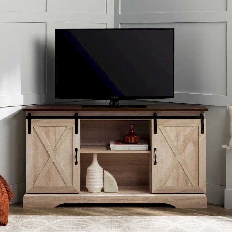 Móvel de TV de canto com porta de correr estilo celeiro de 52 polegadas – estilo rústico de casa de campo