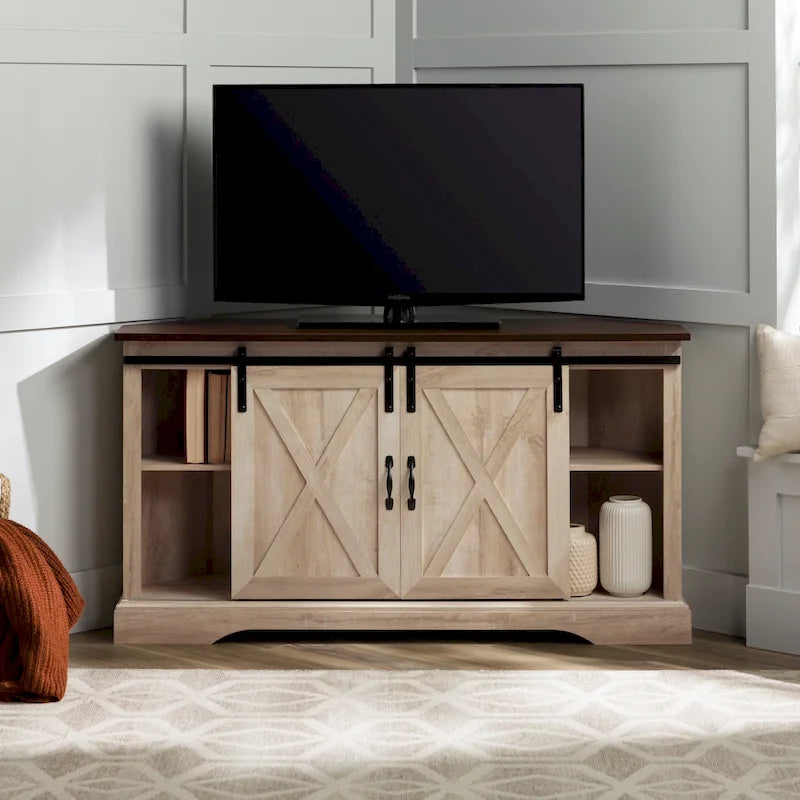 Móvel de TV de canto com porta de correr estilo celeiro de 52 polegadas – estilo rústico de casa de campo