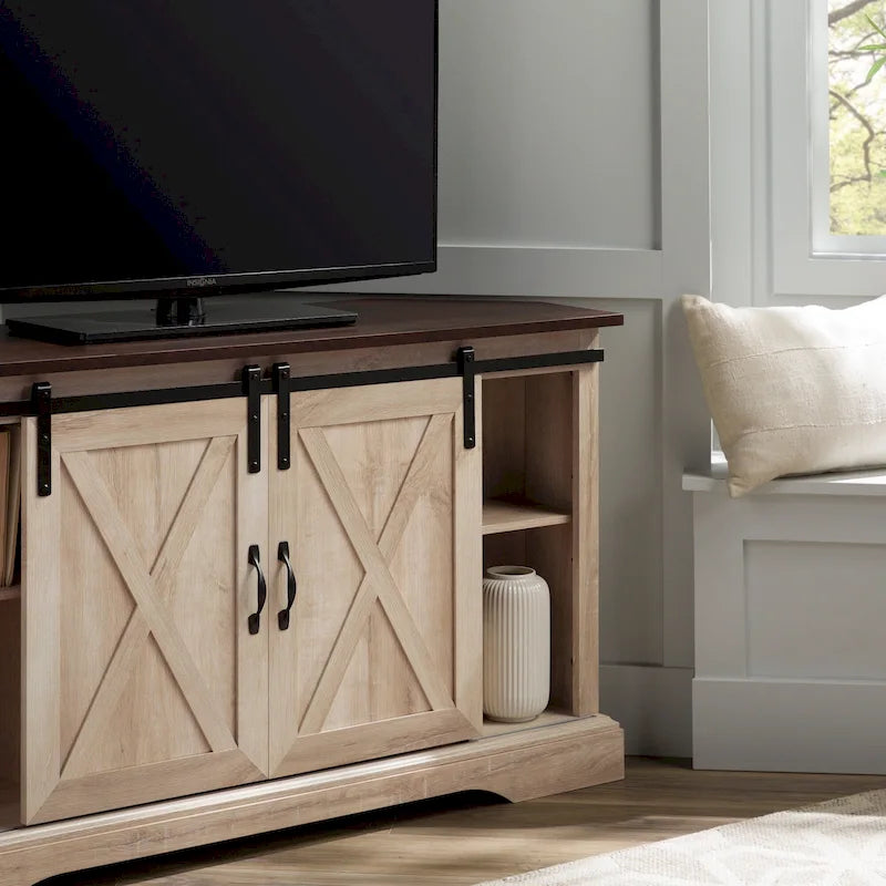 Móvel de TV de canto com porta de correr estilo celeiro de 52 polegadas – estilo rústico de casa de campo