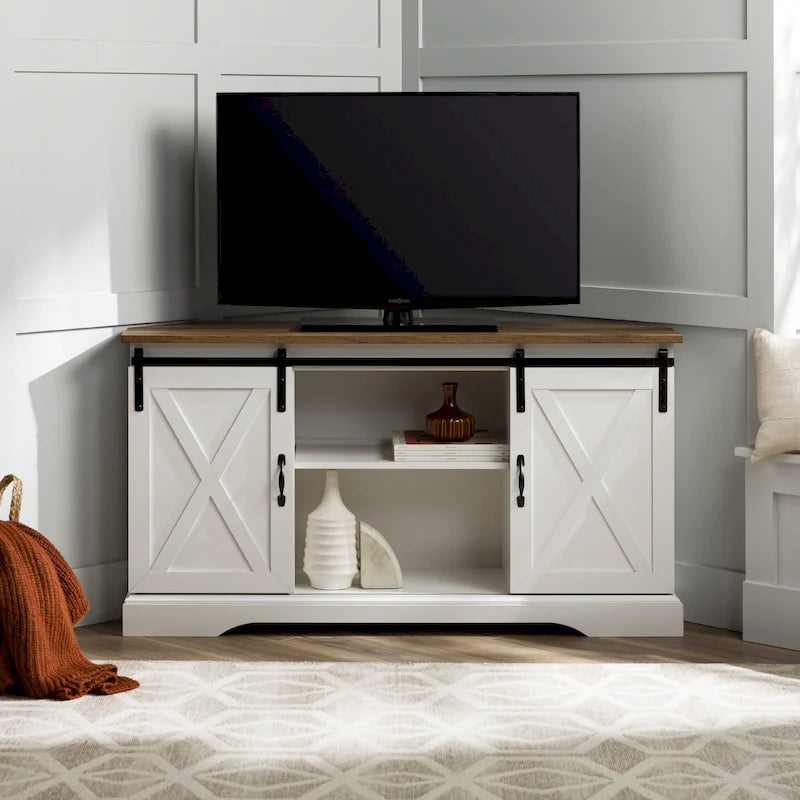 Móvel de TV de canto com porta de correr estilo celeiro de 52 polegadas – estilo rústico de casa de campo