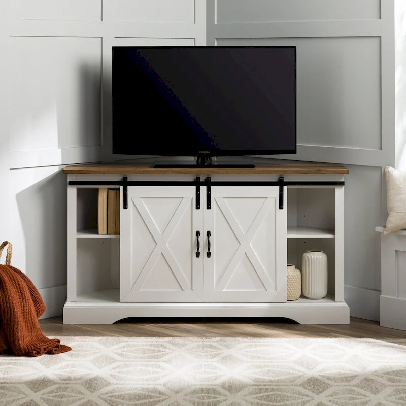 Móvel de TV de canto com porta de correr estilo celeiro de 52 polegadas – estilo rústico de casa de campo