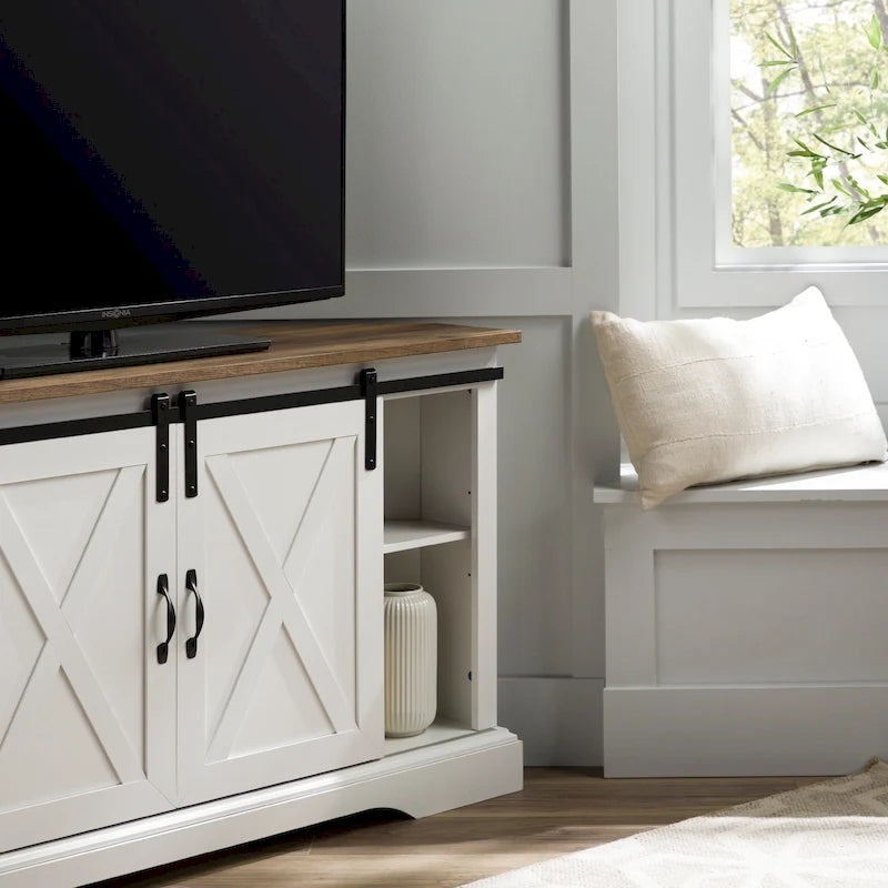 Móvel de TV de canto com porta de correr estilo celeiro de 52 polegadas – estilo rústico de casa de campo