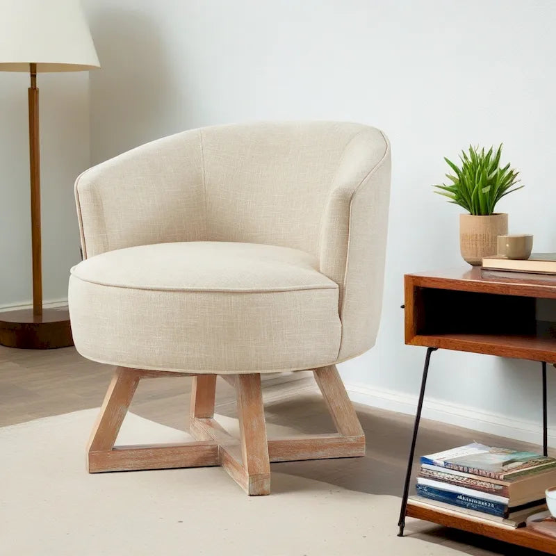 Silla decorativa giratoria de 360 grados con tapizado de lino y base de madera de caucho