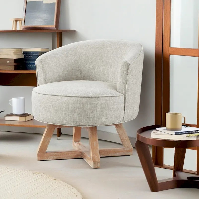 Silla decorativa giratoria de 360 grados con tapizado de lino y base de madera de caucho