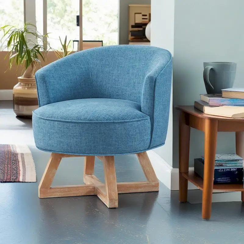 Silla decorativa giratoria de 360 grados con tapizado de lino y base de madera de caucho