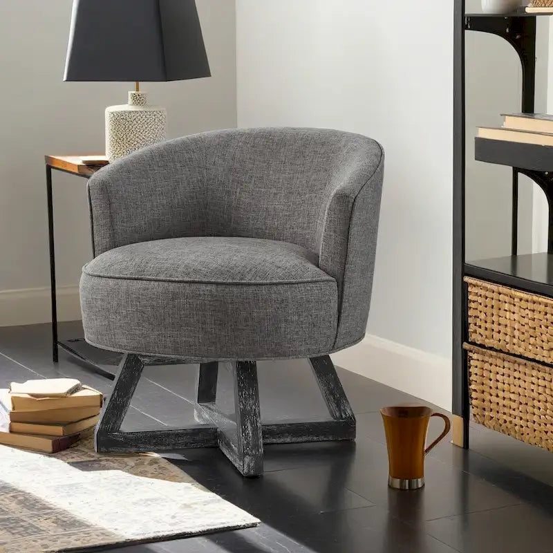 Silla decorativa giratoria de 360 grados con tapizado de lino y base de madera de caucho