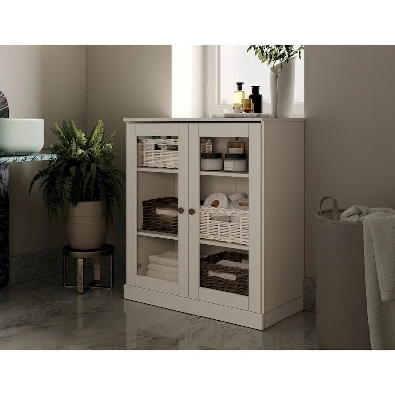 Gabinete de baño de madera maciza de 32 pulgadas con puertas de vidrio transparente