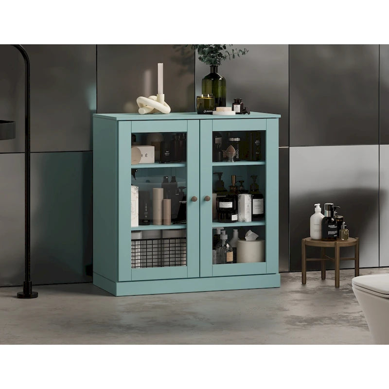 Gabinete de baño de madera maciza de 32 pulgadas con puertas de vidrio transparente