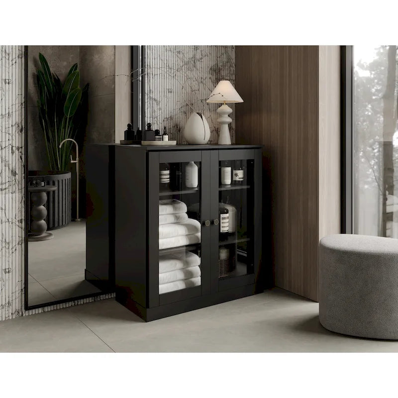 Gabinete de baño de madera maciza de 32 pulgadas con puertas de vidrio transparente