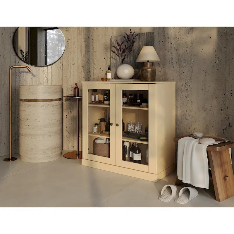 Gabinete de baño de madera maciza de 32 pulgadas con puertas de vidrio transparente
