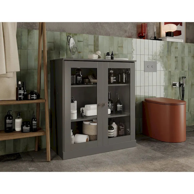 Gabinete de baño de madera maciza de 32 pulgadas con puertas de vidrio transparente
