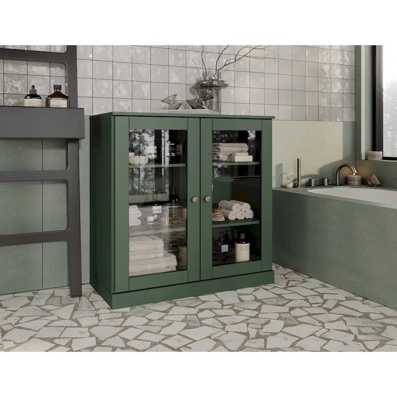 Gabinete de baño de madera maciza de 32 pulgadas con puertas de vidrio transparente