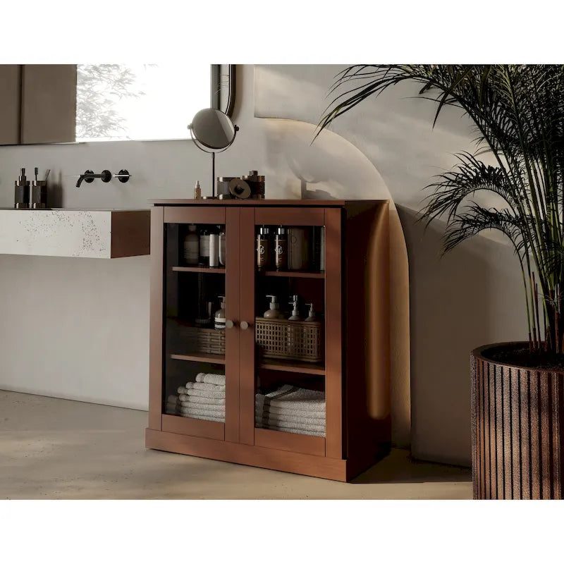 Gabinete de baño de madera maciza de 32 pulgadas con puertas de vidrio transparente