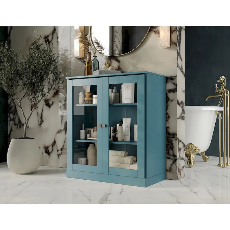 Gabinete de baño de madera maciza de 32 pulgadas con puertas de vidrio transparente