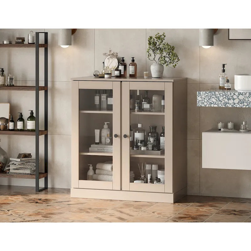Gabinete de baño de madera maciza de 32 pulgadas con puertas de vidrio transparente
