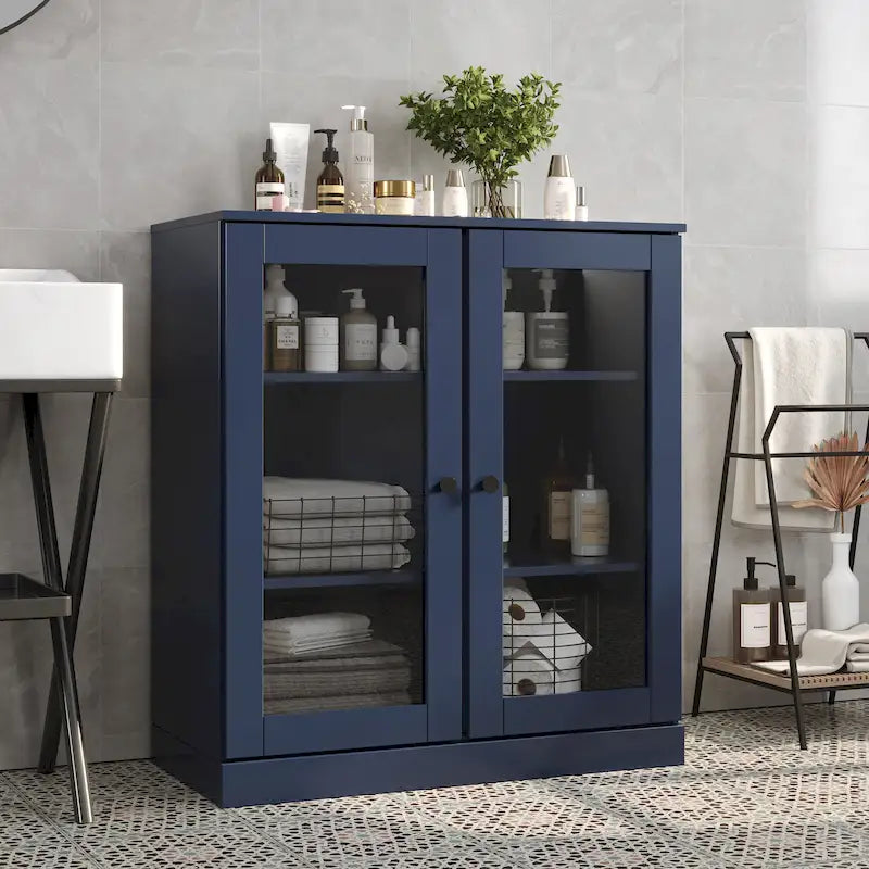 Gabinete de baño de madera maciza de 32 pulgadas con puertas de vidrio transparente