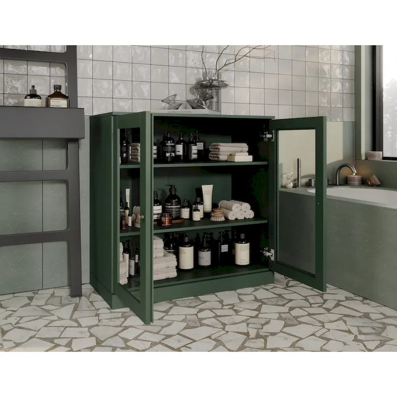 Gabinete de baño de madera maciza de 32 pulgadas con puertas de vidrio transparente