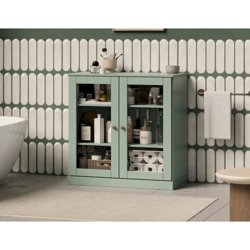 Gabinete de baño de madera maciza de 32 pulgadas con puertas de vidrio transparente