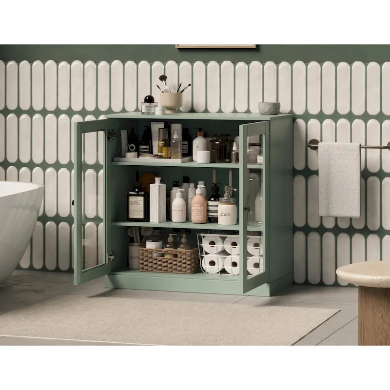 Gabinete de baño de madera maciza de 32 pulgadas con puertas de vidrio transparente