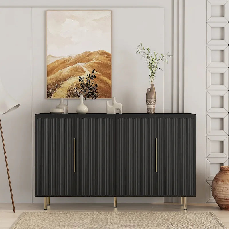 Gabinete aparador con puertas decorativas acanaladas, aparador de madera con tiradores de metal, gabinete de almacenamiento con estantes ajustables