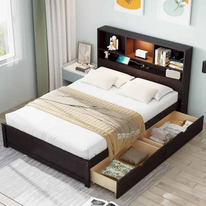 Cama tipo plataforma con almacenamiento y tapizado, elevación hidráulica – tamaño queen o king