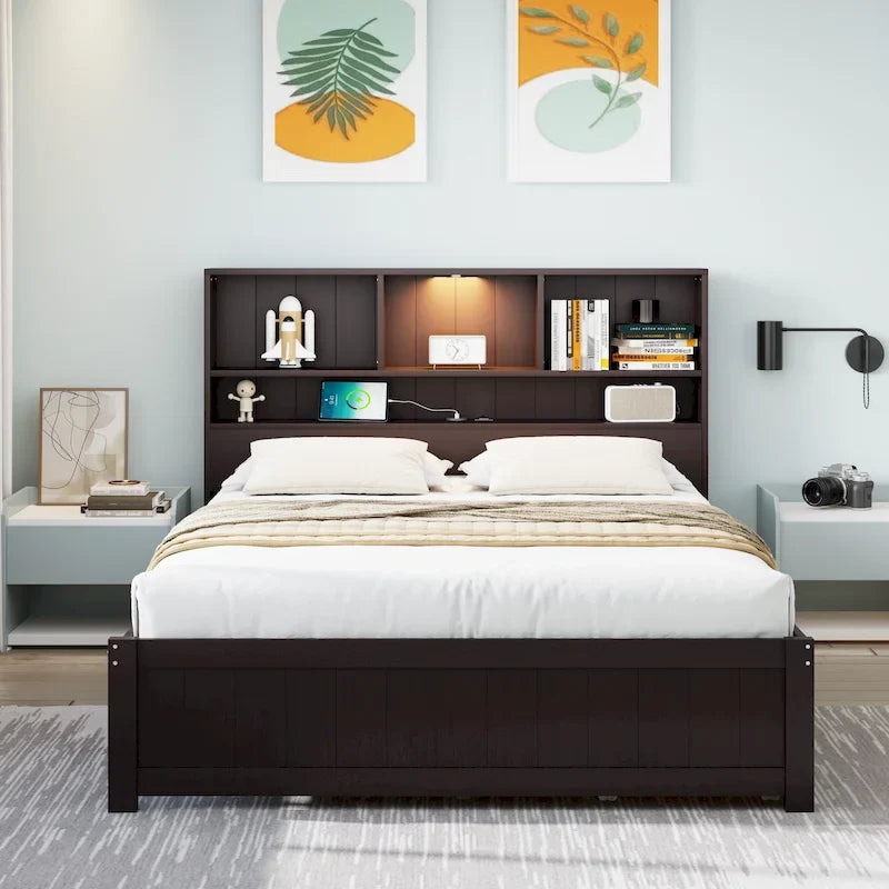 Cama tipo plataforma con almacenamiento y tapizado, elevación hidráulica – tamaño queen o king