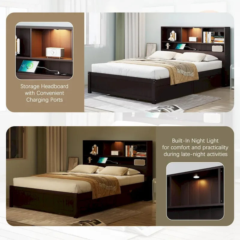 Cama tipo plataforma con almacenamiento y tapizado, elevación hidráulica – tamaño queen o king
