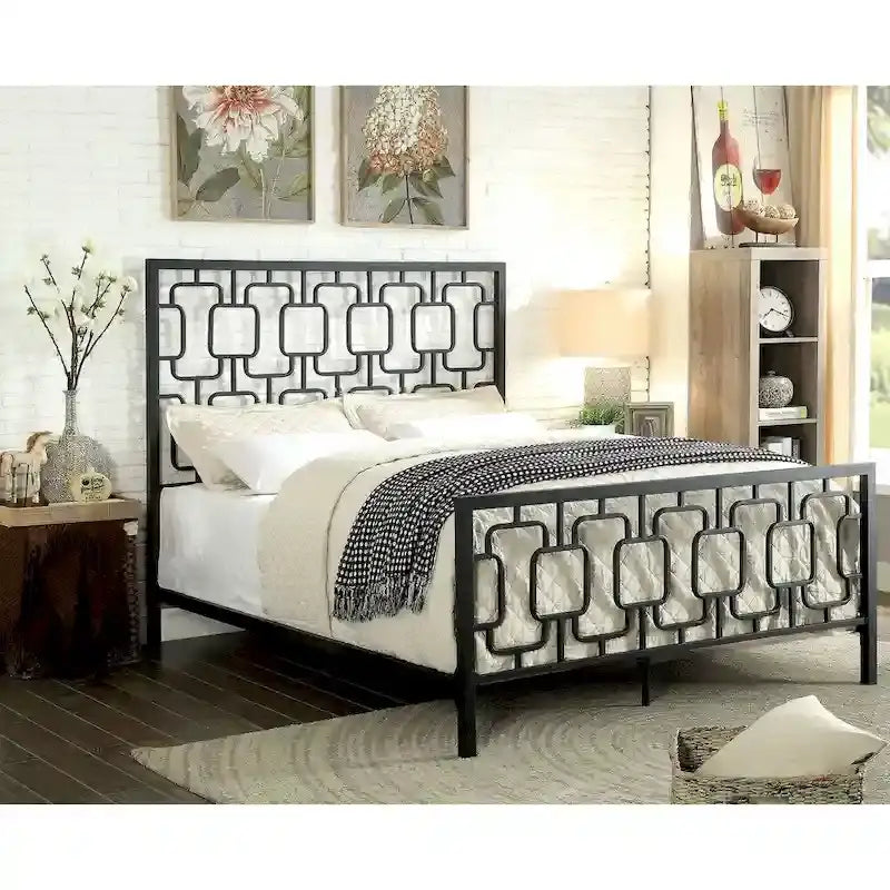 Cama de plataforma de metal industrial con cabecero - tamaño matrimonial, queen o king