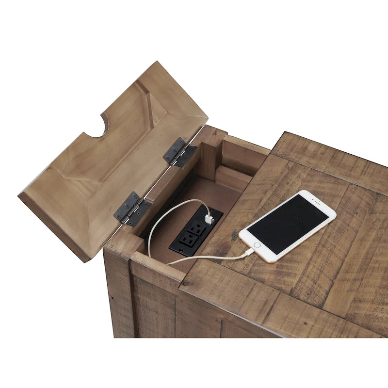 Tavolino laterale in legno massello di pino con prese elettriche nascoste