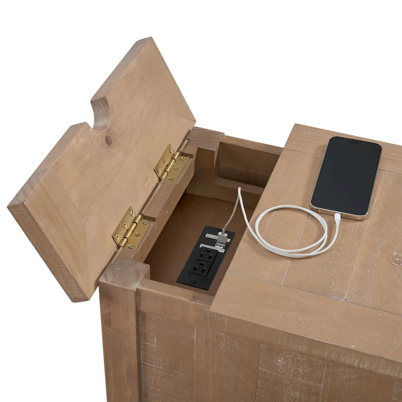 Tavolino laterale in legno massello di pino con prese elettriche nascoste