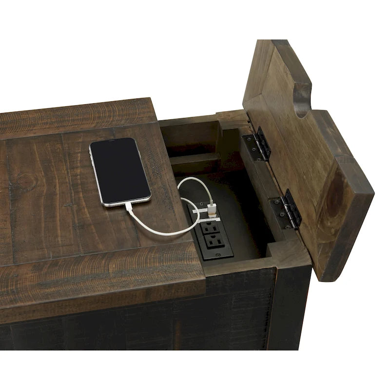 Tavolino laterale in legno massello di pino con prese elettriche nascoste