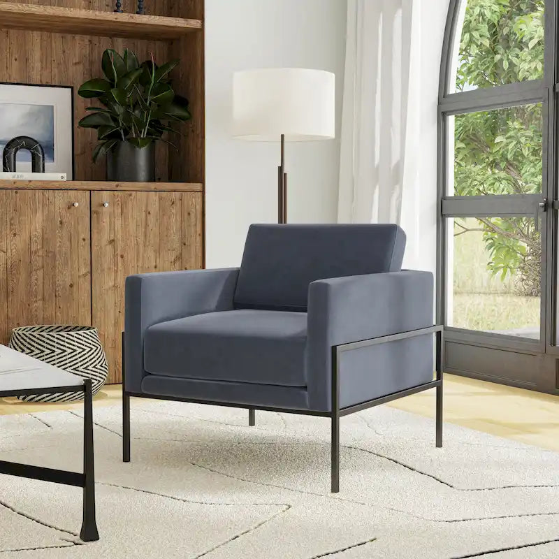 Sillón club tapizado de diseño moderno con estructura de metal negro mate