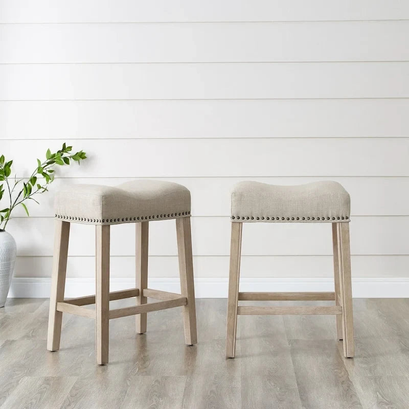 Taburetes de mostrador con asiento tipo silla de montar sin respaldo y base de madera en A - 2 piezas