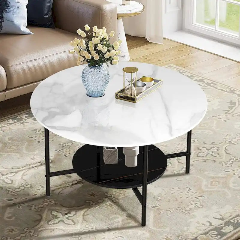 Modern Coffee Tables Round 2 Tier Sintered Stone Tabletop - 31.5 W x 18.7 H