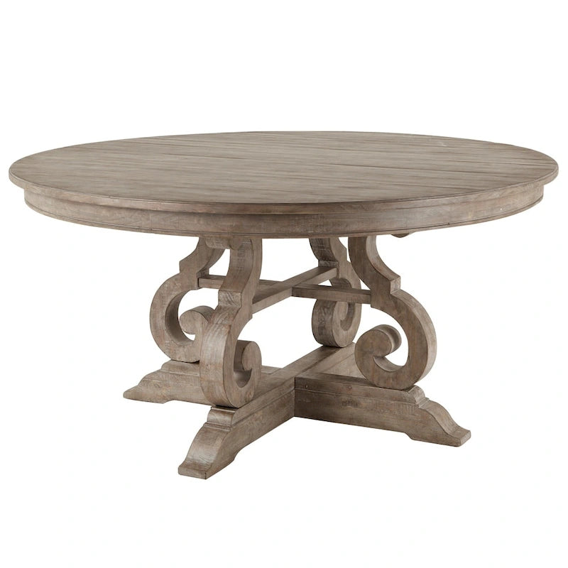 Mesa de comedor redonda de pino envejecido de 60 pulgadas con base de pedestal ornamentada