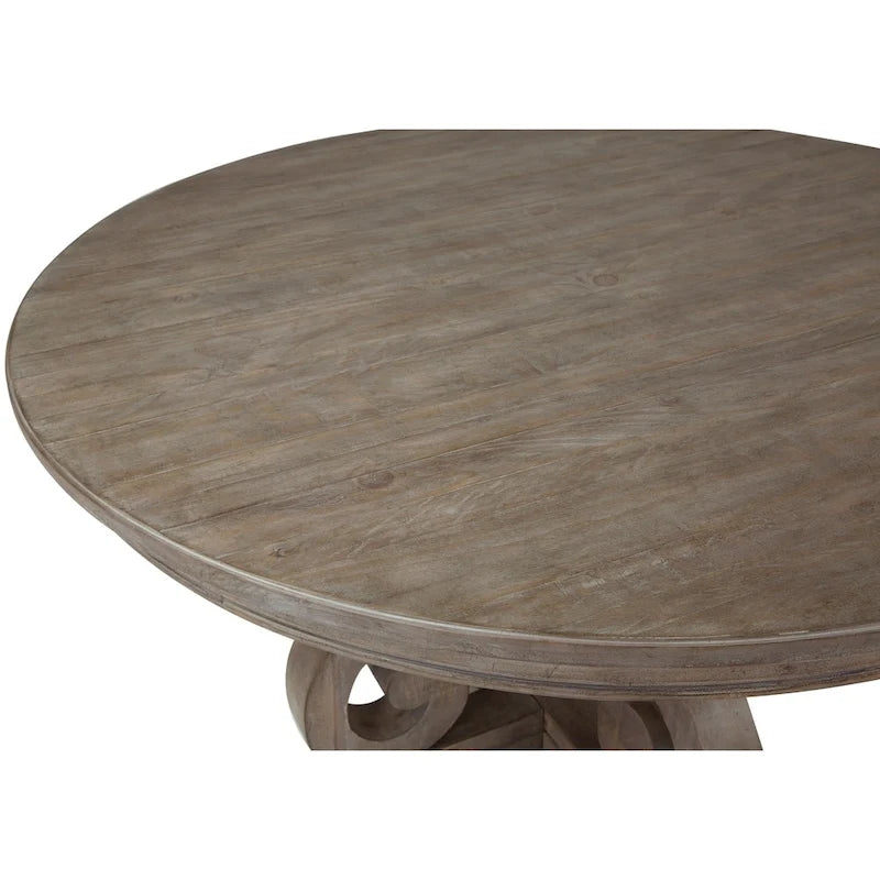 Mesa de comedor redonda de pino envejecido de 60 pulgadas con base de pedestal ornamentada
