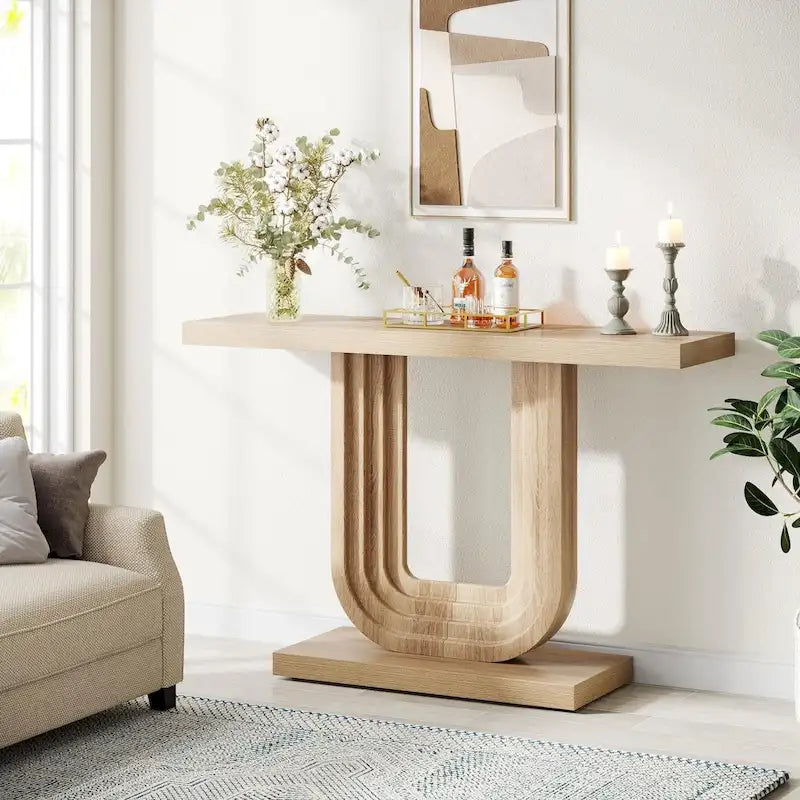 Mesa de entrada de madera de 39 con base geométrica