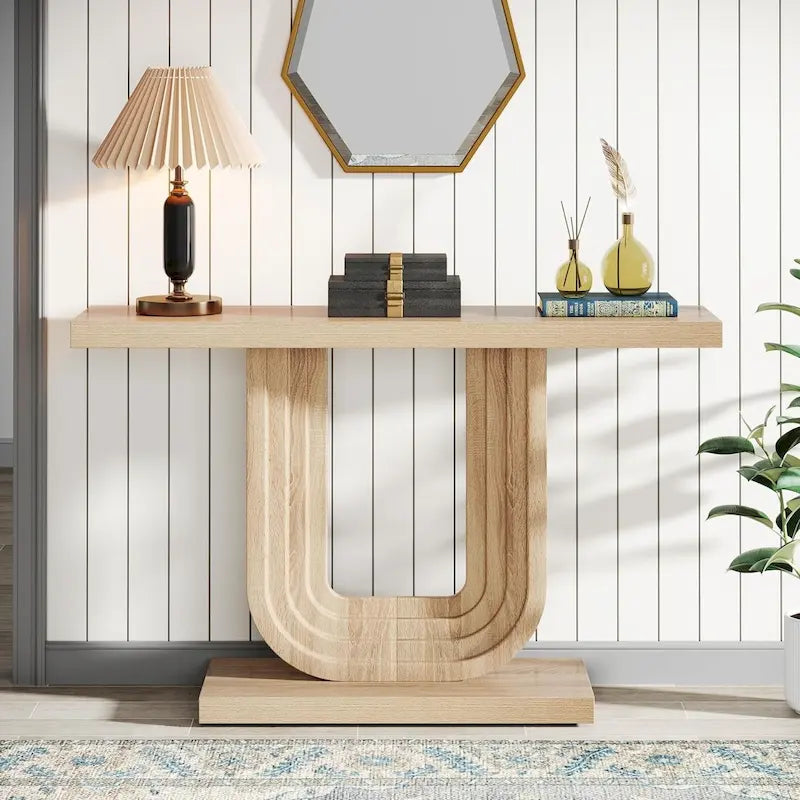 Mesa de entrada de madera de 39 con base geométrica