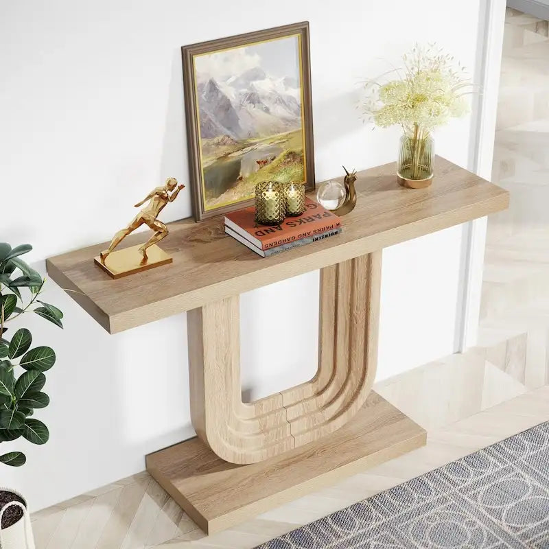 Mesa de entrada de madera de 39 con base geométrica