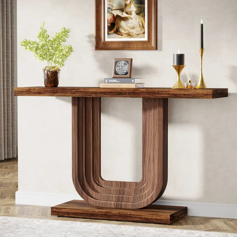 Mesa de entrada de madera de 39 con base geométrica