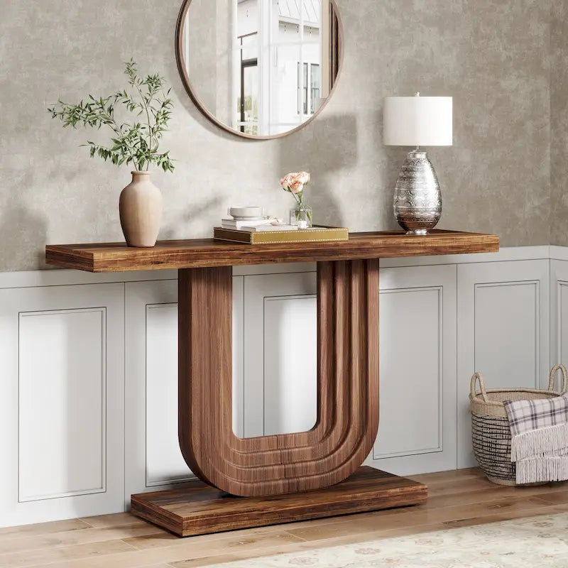 Mesa de entrada de madera de 39 con base geométrica