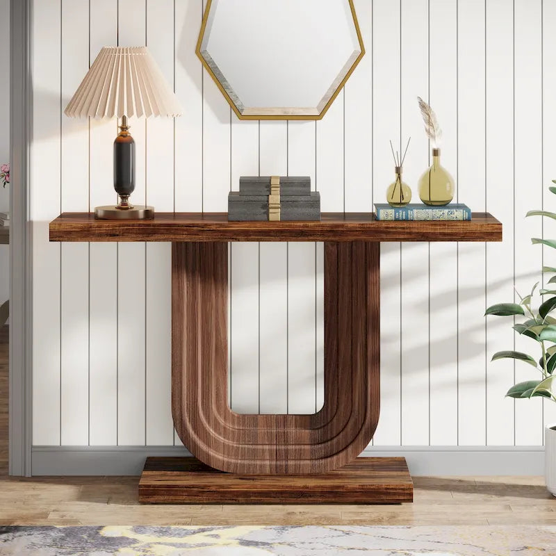 Mesa de entrada de madera de 39 con base geométrica
