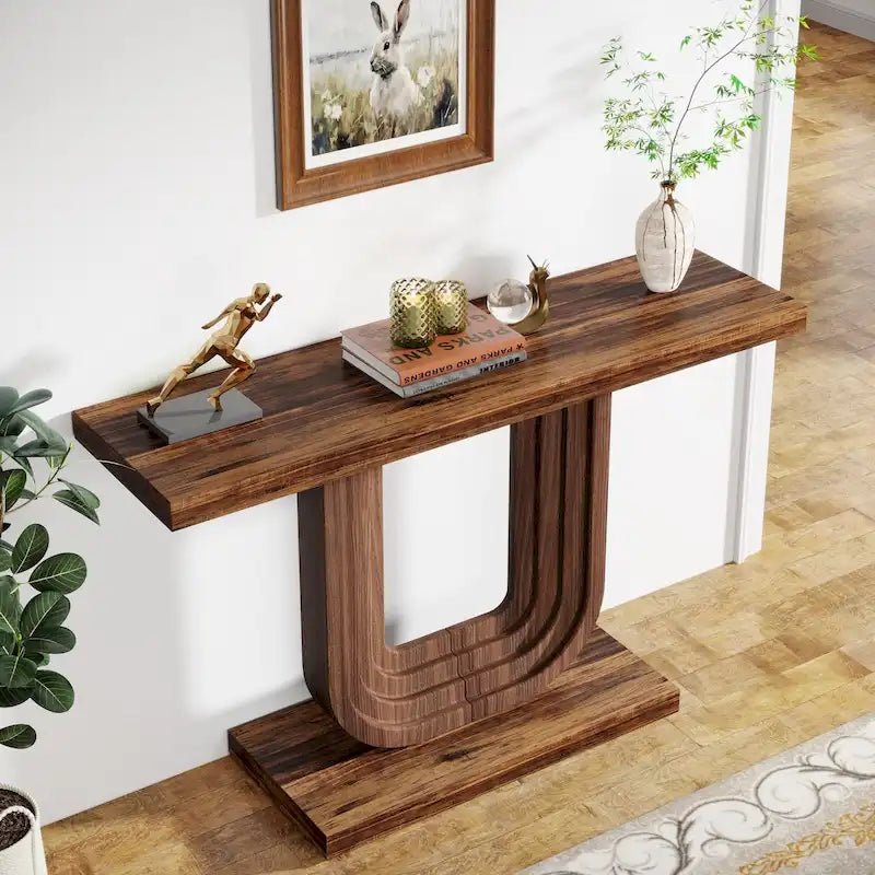 Mesa de entrada de madera de 39 con base geométrica