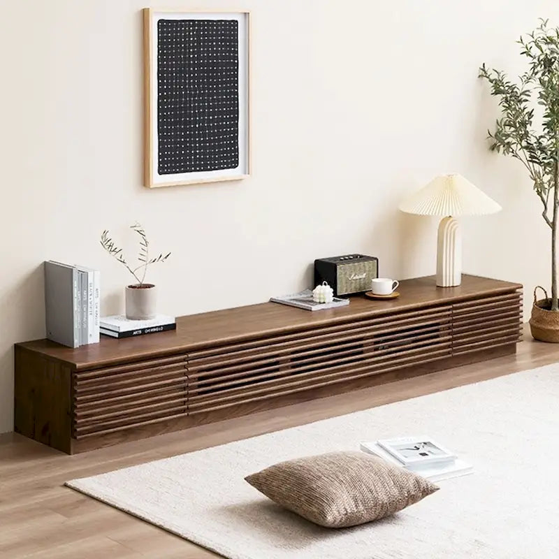 Mueble de TV minimalista con cajones, consola multimedia de madera maciza con armarios, puerta abatible, chapa de nogal, totalmente ensamblado