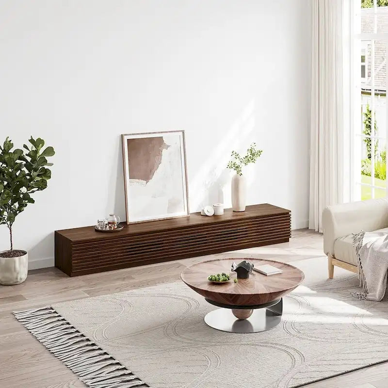 Mueble de TV minimalista con cajones, consola multimedia de madera maciza con armarios, puerta abatible, chapa de nogal, totalmente ensamblado