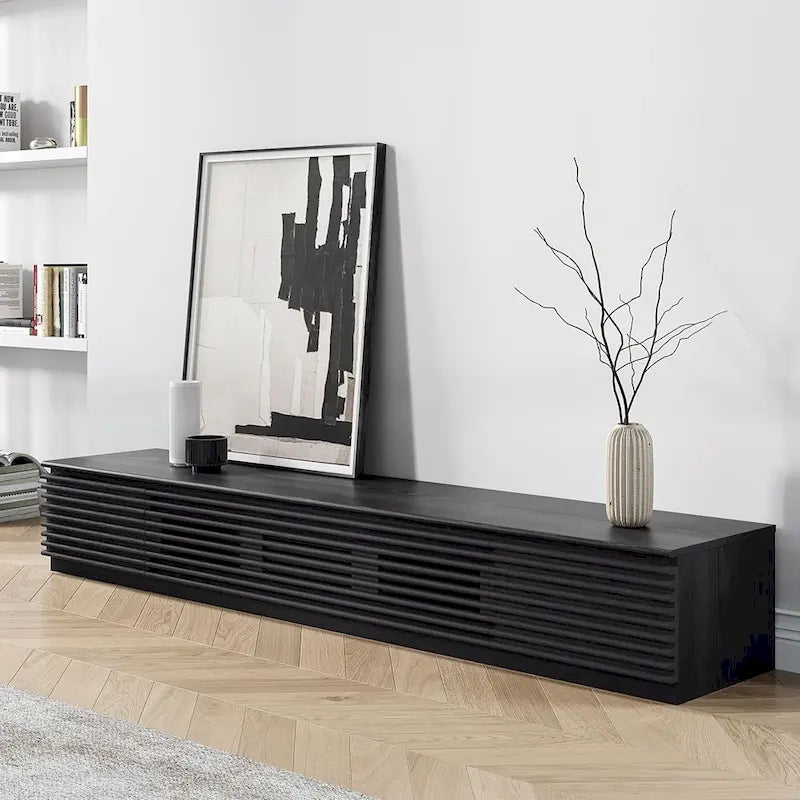 Minimalistischer TV-Ständer mit SchubladenMassive-Holz-Medienkonsole mit Schränken, Klapptür, Walnussholzfurnier, vollständig montiert
