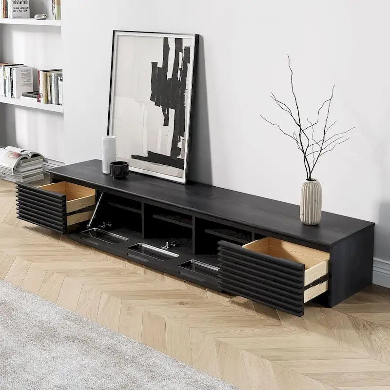 Minimalistischer TV-Ständer mit SchubladenMassive-Holz-Medienkonsole mit Schränken, Klapptür, Walnussholzfurnier, vollständig montiert