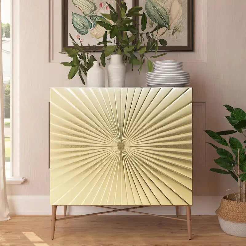 Armario decorativo vintage de 2 puertas con patrón geométrico y patas doradas