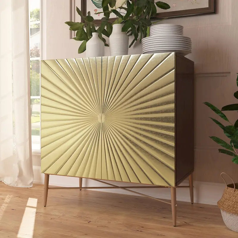2-Door Vintage Accent Cabinet with Geometric Pattern and Gold Legs